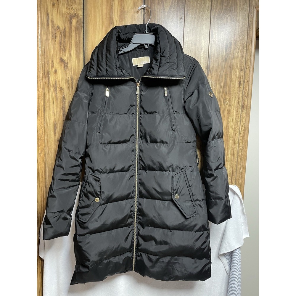 Michael Kors Down Womens Medium Black Full‎ Zip Long Puffer Jacket MK Logo